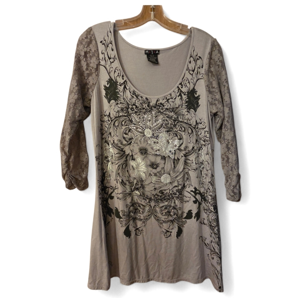 Vintage Y2K 90's Whimsigoth Lace M.I.A Graphic GrayTunic Mini Dress Size Large